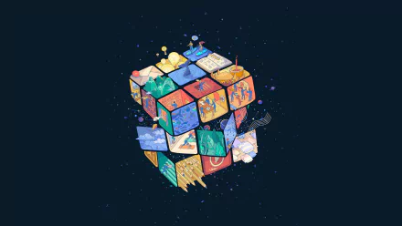 HD wallpaper featuring a colorful Rubik's cube with each section depicting different detailed illustrations, set against a dark background.