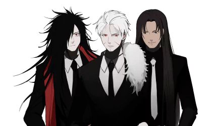 Anime-style 4K Ultra HD wallpaper featuring Madara Uchiha, Hashirama Senju, and Tobirama Senju from Naruto, dressed in black suits against a white background.