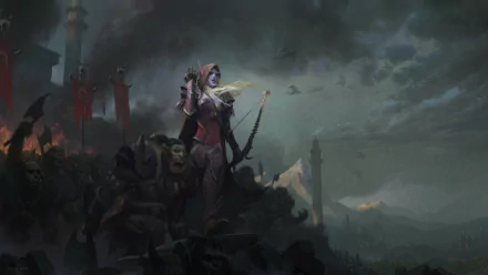 HD World of Warcraft: Battle for Azeroth wallpaper showing Sylvanas Windrunner, a hooded woman warrior, leading orc troops across a stormy battlefield.