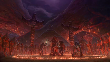 Artistic HD PC desktop wallpaper depicting a Native American ceremonial scene with totem poles, dancers, and glowing firelight under a dramatic, dark sky.
