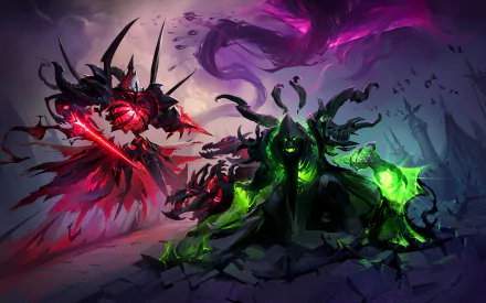 HD PC desktop wallpaper showing Gul'dan (World of Warcraft) unleashing green fel energy and Alarak (StarCraft) wielding a red psi blade, clashing in Heroes of the Storm artwork.