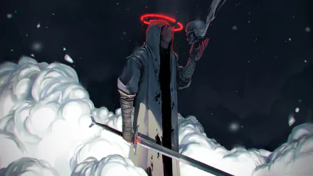 HD PC desktop wallpaper/background: hooded fantasy warrior grips a long sword stained with blood, a red halo above their head as they lift a smoking skull amid swirling clouds.