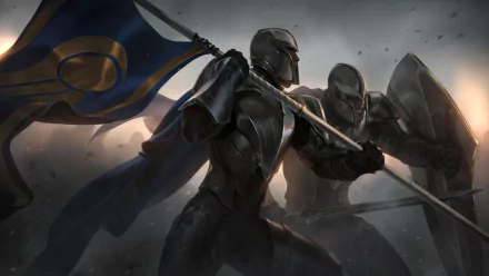 HD PC desktop wallpaper: armored knights charging under a waving banner, a warrior in full plate armor—video game artwork from Legends of Runeterra.