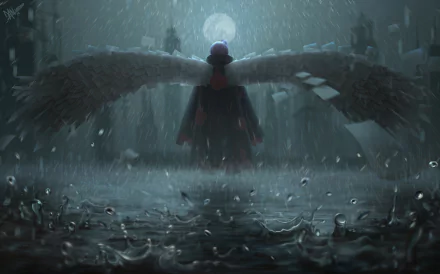 HD wallpaper of Konan from Naruto standing in the rain, with wings spread under a moonlit sky, creating a dramatic and atmospheric scene.