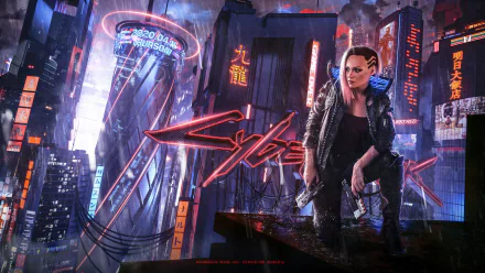 Futuristic cyberpunk cityscape with a woman warrior from Cyberpunk 2077, featuring vibrant neon lights and a high-tech urban environment in this HD PC desktop wallpaper.