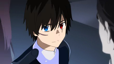 Hiro (Darling in the FranXX) with heterochromia—one blue eye, one red—gazes forward in a moody anime scene, rendered as a 4K Ultra HD PC desktop wallpaper/background.