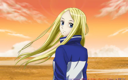 Nino (Arakawa Under the Bridge) gazes over an orange sunset, long blonde hair and blue jacket — anime HD PC desktop wallpaper background.