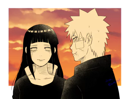 2K Quad HD PC desktop wallpaper of Naruto Uzumaki and Hinata Hyuga from Naruto: the pair stand against a warm sunset; Hinata smiles gently while Naruto looks to the side (Naruto & Hinata, Anime).