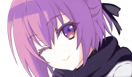 Shinobu Sarutobi from High School Prodigies Have It Easy Even in Another World! — close-up winking portrait with purple hair and eyes, black scarf and ribbon; 2K Quad HD PC wallpaper.