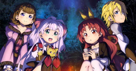 4K Ultra HD anime wallpaper featuring Mile, Pauline, Reina, and Adele von Ascham from Watashi Nouryoku wa Heikinchi de tte Itta yo ne!, gathered around a campfire.