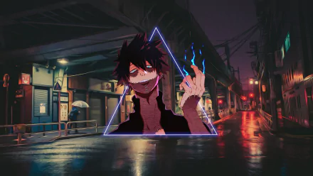 HD PC desktop wallpaper featuring an anime character from My Hero Academia with a dark, rainy urban background and neon triangle glow.