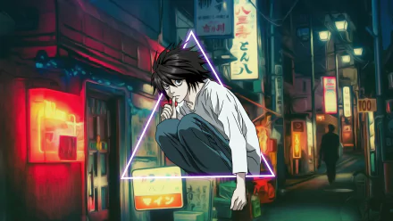 HD anime desktop wallpaper featuring L from Death Note crouched thoughtfully inside a glowing triangular outline set against a vibrant urban nighttime background.