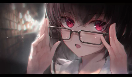 Anime-style character with brown hair, red eyes, and glasses, set against a blurred background. HD wallpaper for desktop.