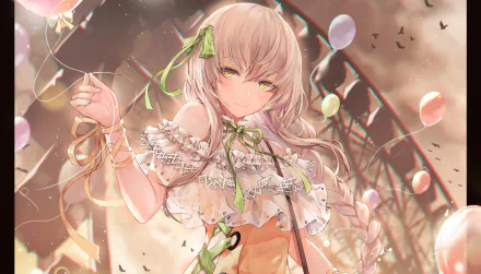 HD desktop wallpaper of an anime girl with blonde hair and yellow eyes, holding ribbons with balloons in the background.