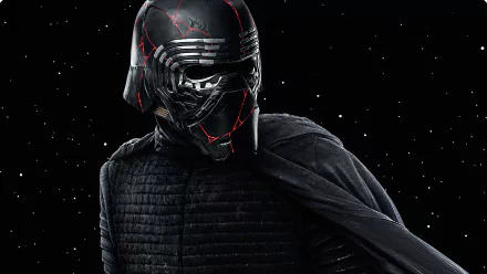 HD desktop wallpaper featuring Kylo Ren from Star Wars: The Rise of Skywalker, showcasing his cracked black helmet against a starry background.
