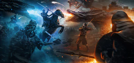 Epic Game of Thrones HD wallpaper featuring Drogon, Jon Snow facing the Night King and White Walkers in a fiery, intense battle scene.