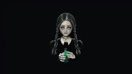 HD desktop wallpaper of Wednesday Addams in gothic black, twin braids and pale face, holding a glowing green potion against a dark background.