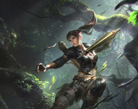 HD PC desktop wallpaper of a brown-haired woman warrior in leather armor, armed with a bow and dagger, poised amid a misty fantasy forest background.