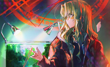 Anime-style original artwork of a thoughtful character with glasses, illuminated by vibrant red and green hues, designed as a 4K Ultra HD PC desktop wallpaper.