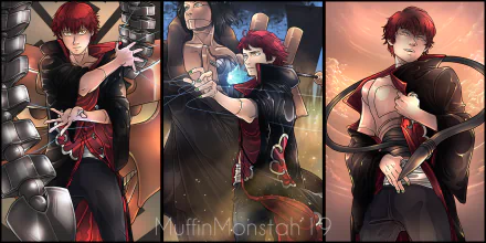 Sasori (Naruto) anime 2K Quad HD PC desktop wallpaper: three-panel composition of Sasori in Akatsuki red-black attire manipulating puppet strings, dramatic lighting.