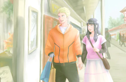 Naruto Uzumaki and Hinata Hyuga walk hand-in-hand down a sunlit street, smiling with shopping bags — anime 2K Quad HD PC desktop wallpaper of the Naruto couple.
