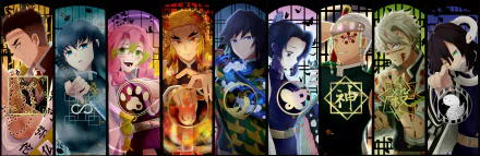 High-definition desktop wallpaper featuring characters Tengen Uzui, Shinobu Kochou, Sanemi Shinazugawa, Obanai Iguro, Muichiro Tokito, Mitsuri Kanroji, Kyojuro Rengoku, Gyomei Himejima, and Giyuu Tomioka from Demon Slayer: Kimetsu no Yaiba.
