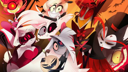 A vibrant HD wallpaper featuring characters from the TV show Hazbin Hotel, set against a spooky background with autumn themes and playful expressions.