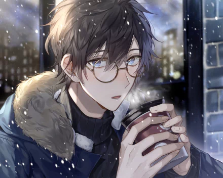 Anime-style artwork of a black-haired person with blue eyes and glasses, holding a warm drink during a gentle snowfall, rendered as an HD PC desktop wallpaper.