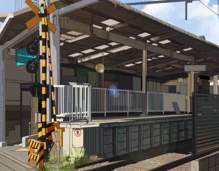 HD PC desktop wallpaper background: anime-style railroad train station platform with crossing signal, sheltered canopy and empty tracks.