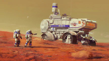 HD Sci-Fi desktop wallpaper featuring two astronauts in space suits standing on a reddish, rocky terrain with a futuristic rover vehicle in the background.