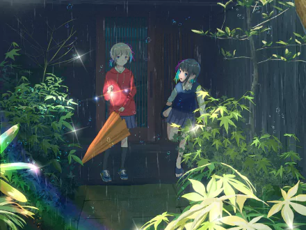 HD PC wallpaper — original rain anime scene: two schoolgirls on a wooden porch, one holding an orange umbrella, neon-lit foliage and gentle falling rain.