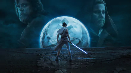 HD Star Wars: The Rise of Skywalker desktop wallpaper featuring Rey with a lightsaber, with ghostly images of Obi-Wan Kenobi, Luke Skywalker, and a large moon in the background.