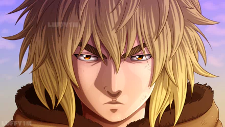 HD PC desktop wallpaper featuring a close-up of Thorfinn from the anime Vinland Saga, showcasing his intense expression and detailed anime-style artwork.