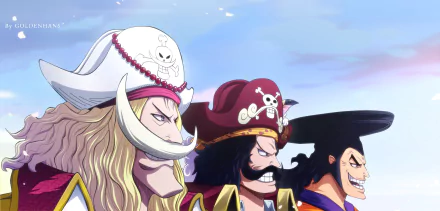HD anime wallpaper featuring Gol D. Roger, Edward Newgate, and Kozuki Oden from One Piece, showcasing their determined expressions against a clear sky background.