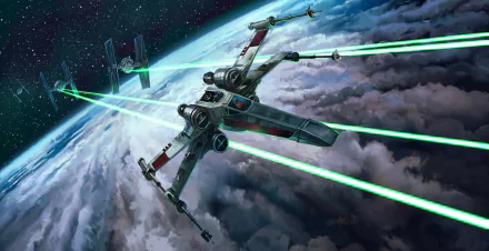HD PC desktop wallpaper featuring a dynamic Star Wars sci-fi battle between an X-Wing and TIE Fighters above a planet's atmosphere.