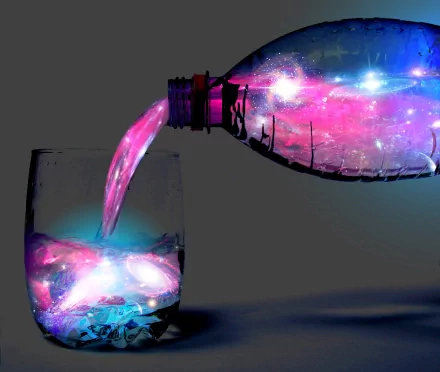 HD desktop wallpaper of a glass being filled with a liquid that looks like a colorful, cosmic space scene. The artistic image features vibrant pink, blue, and purple shades, creating a mesmerizing effect.