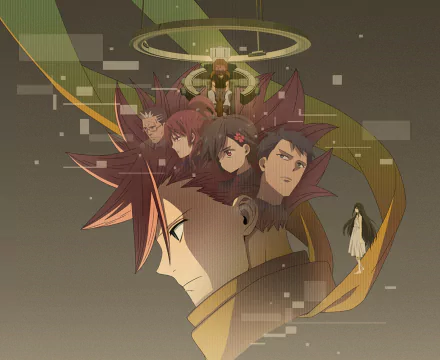 HD PC desktop wallpaper featuring characters from the anime ID:Invaded in a layered, artistic composition with a muted color palette.