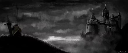 Moody black-and-white fantasy castle on a cliff above foggy lowlands under storm clouds — 2K Quad HD PC desktop wallpaper and background.