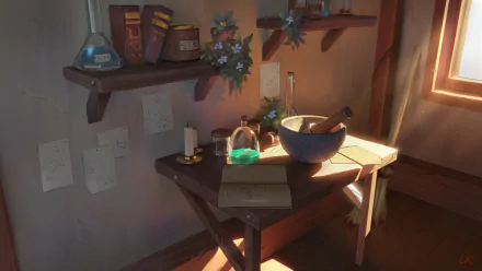 Fantasy-themed room with a wooden table holding potion bottles, a mortar and pestle, books, and glowing blue liquid, bathed in warm sunlight—HD PC desktop wallpaper.