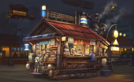 Anime-style HD desktop wallpaper depicting a cozy nighttime food shop and restaurant with warm lights glowing against a dark sky in a bustling urban setting.