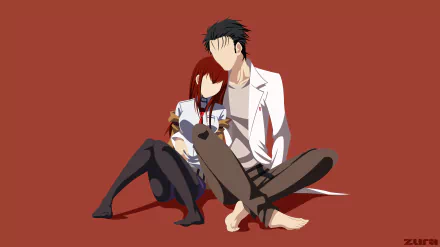 4K Ultra HD anime wallpaper featuring Rintaro Okabe and Kurisu Makise from Steins;Gate sitting closely against a solid red background.