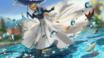 Anime-style HD desktop wallpaper of Violet Evergarden with long hair, holding an umbrella amidst floating water droplets and autumn leaves.