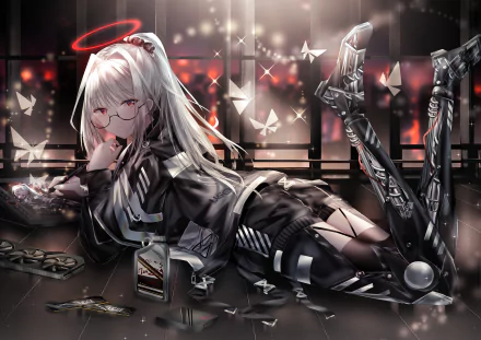 HD desktop wallpaper featuring a white-haired anime character lying down, surrounded by futuristic elements and origami butterflies, with a halo above their head. Tag: Original.