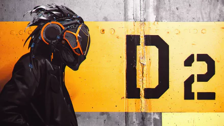 A futuristic sci-fi helmet with sleek black and orange design, set against an industrial wall marked D2, rendered in 4K Ultra HD for a PC desktop wallpaper.