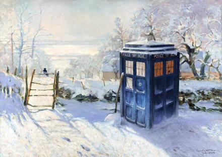 HD desktop wallpaper of a painted snowy landscape featuring a magpie perched on the iconic TARDIS from the TV show Doctor Who (2005).