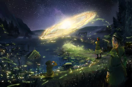 Anime-style HD original desktop wallpaper depicting a glowing galaxy above a tranquil village at night with characters observing the celestial scene.