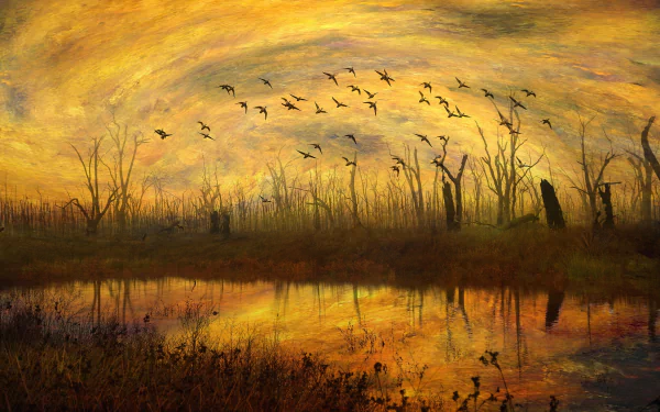 Artistic 4K Ultra HD painting of a flock of birds flying over a reflective pond at sunset with silhouetted trees and warm, golden sky hues.