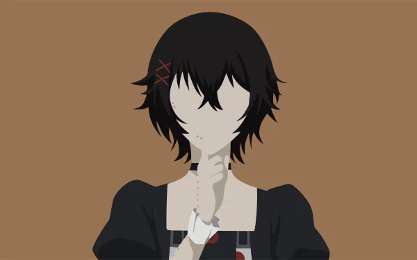 8K Ultra HD PC desktop wallpaper: minimalist stylized portrait of Juuzou Suzuya from Tokyo Ghoul:re, faceless with dark hair, red hairpins and a bandaged hand on a brown background.