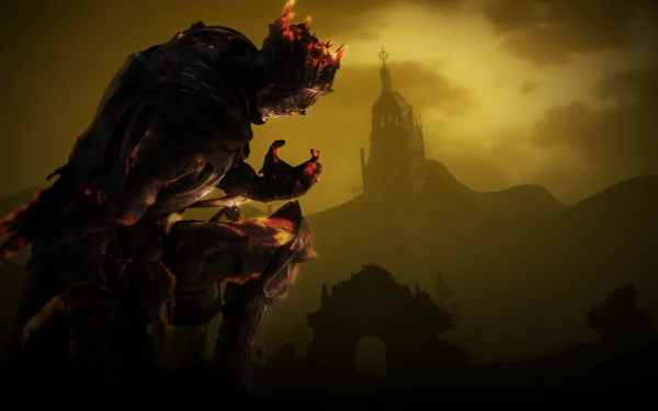Dark Souls III 4K Ultra HD PC wallpaper featuring a fiery armored figure kneeling against a dark, ominous landscape with a silhouetted tower in the background.