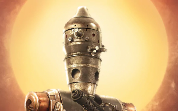 HD PC desktop wallpaper featuring IG-11, the droid from Star Wars' The Mandalorian TV show, set against a warm, glowing background.
